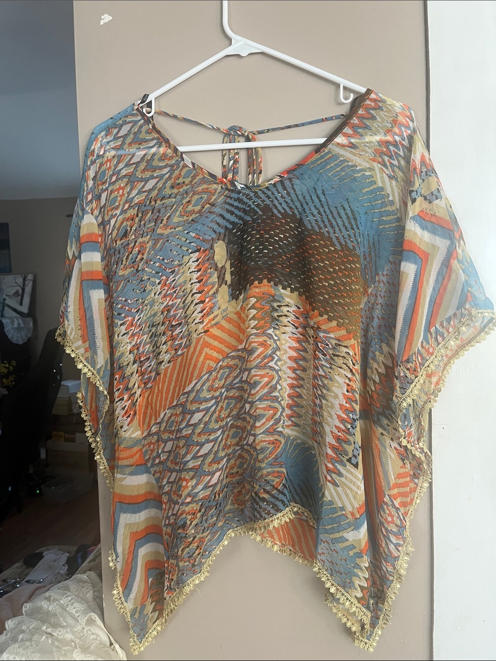 Forever 21 Boho Tie-Back Poncho Top in Blue and Orange